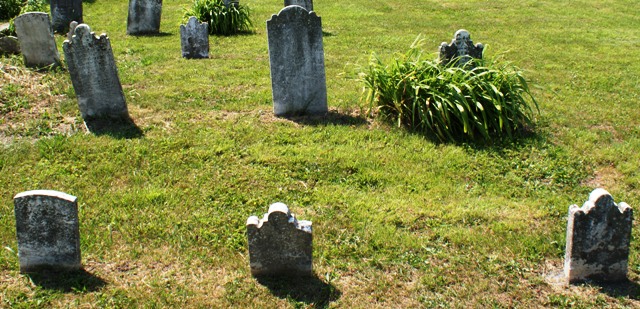 Top left corner with rounded top: Margaret McCulloh. left: Elizabeth McCulloh's head and footstones; center: John McCulloh's head and footstones; right: Melinda McCulloh's head and footstones (Photo 2009)